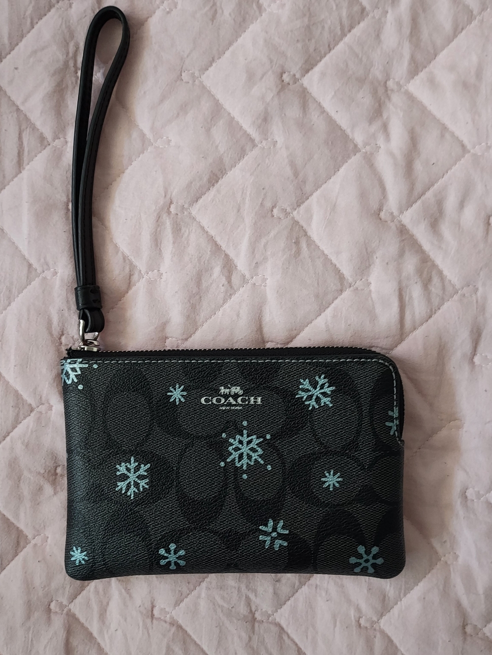 Coach Black Signature Wristlet with Light Blue Snowflake Print